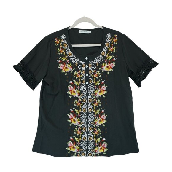 MISSLOOK Women's Black Embroidered Front Blouse Lace Sleeves Size Large - Picture 1 of 6